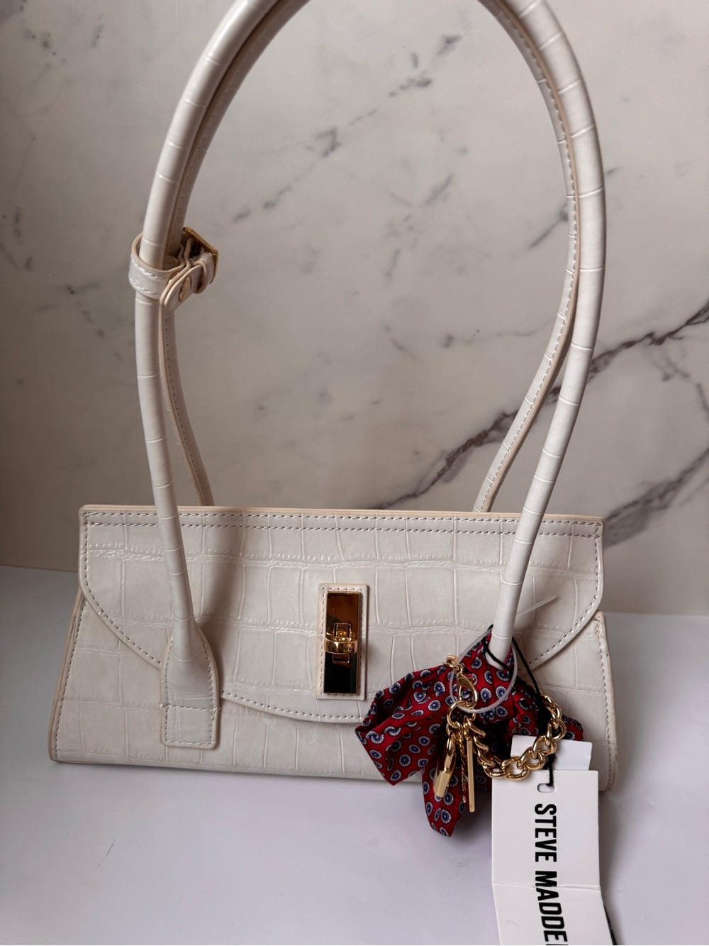 Steve Madden Cream Croc-Embossed Shoulder Bag with Gold Hardware NWT